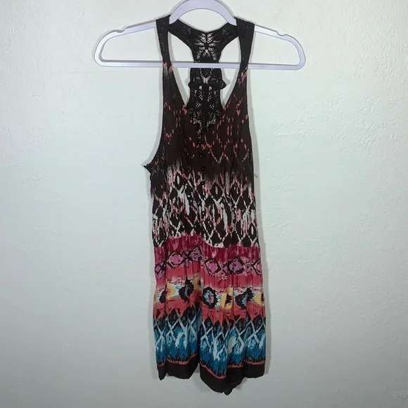 Bohemian Colorful V-Neck Mini Dress Crochet Lace Back Faux Buttons Boho Print - Picture 11 of 12